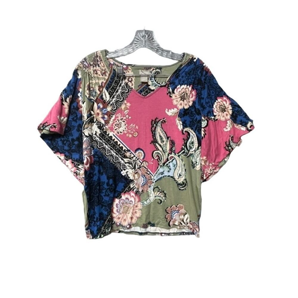 Chico's Dolman Sleeve Rayon Stretch Floral Pink Olive Blue Blouse Size 1